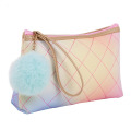 Lingge Rainbow Juice Color Ladies Pouch Leather Cosmetic Makeup Bag with Pompom